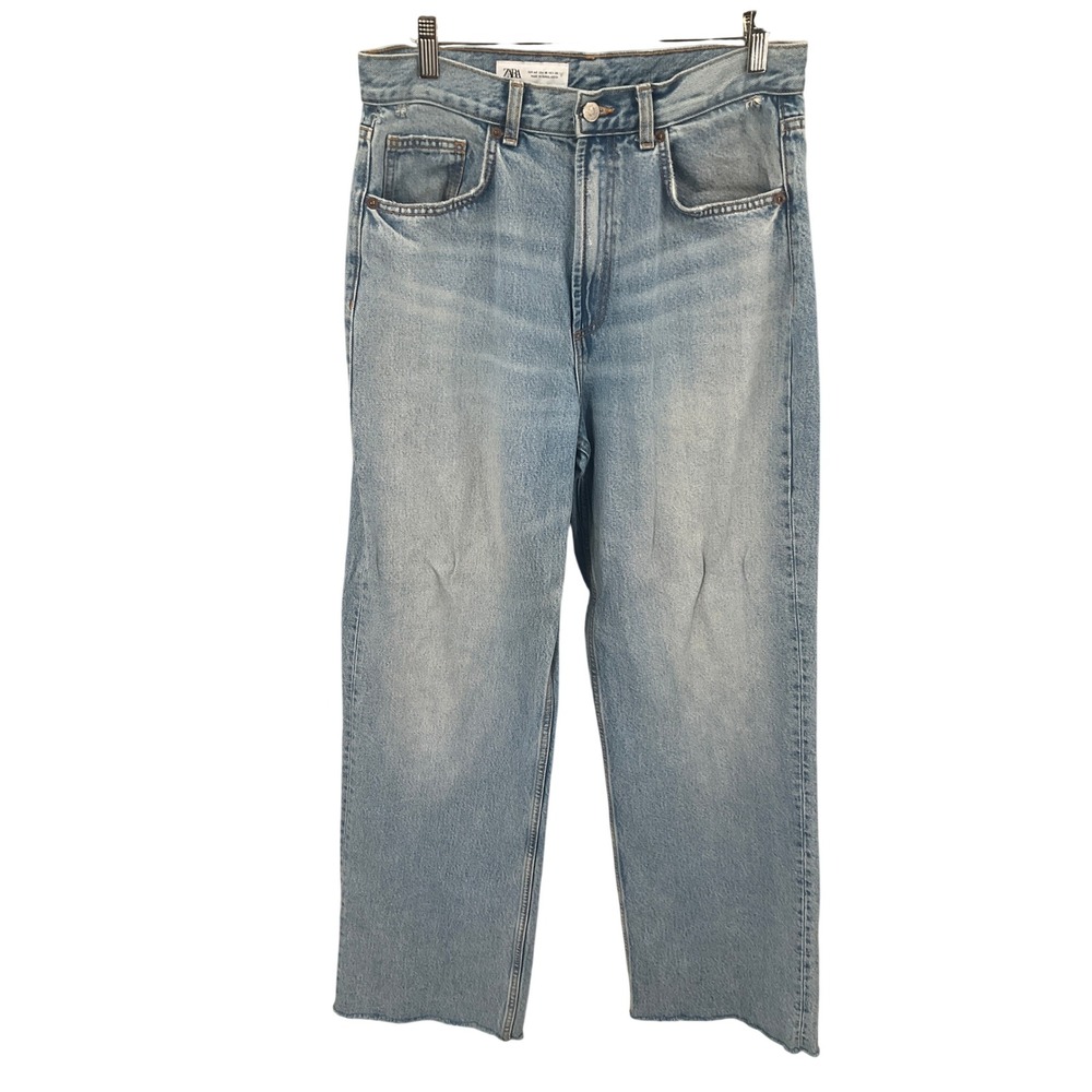 Zara Jeans Women 10 Blue Straight Leg High Rise Raw Hem Light Wash Denim Boho